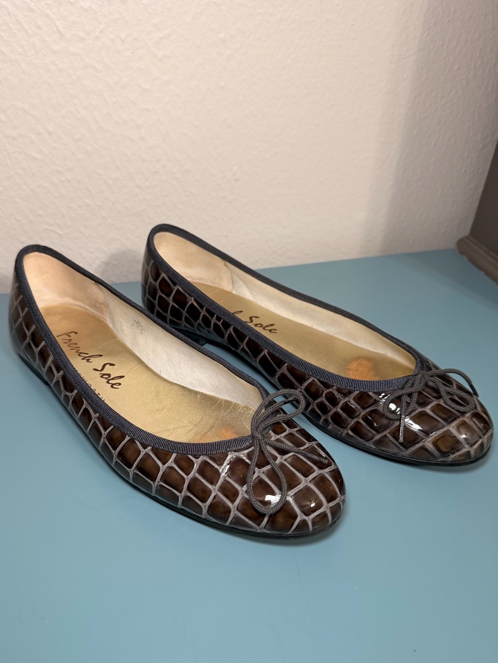 French Sole Dark Brown Croc-Embossed Ballet Flats